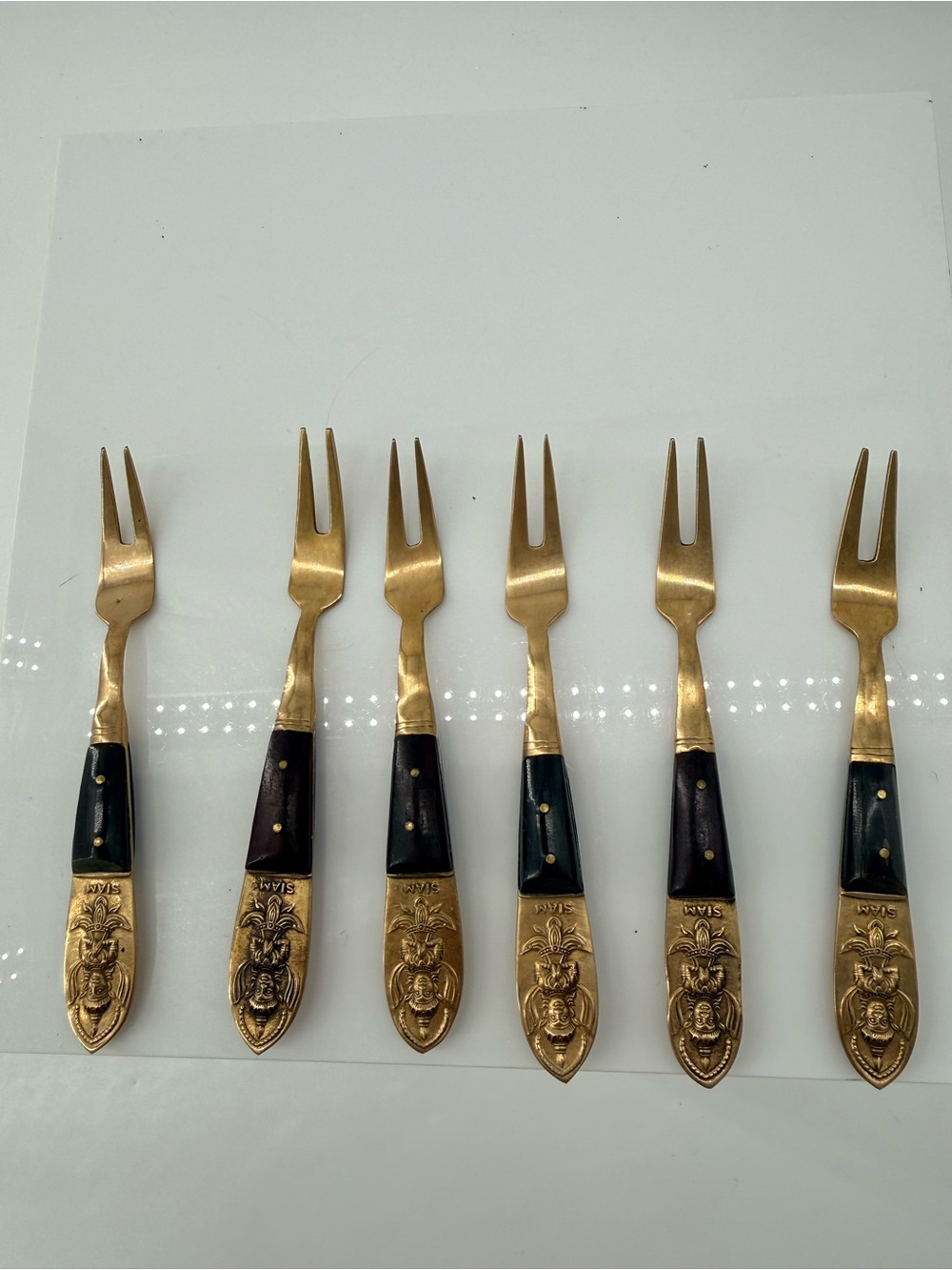 Gold-Tone Decorative Seafood Forks with Black Handles - Set of 6